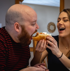 people eating donair sausage